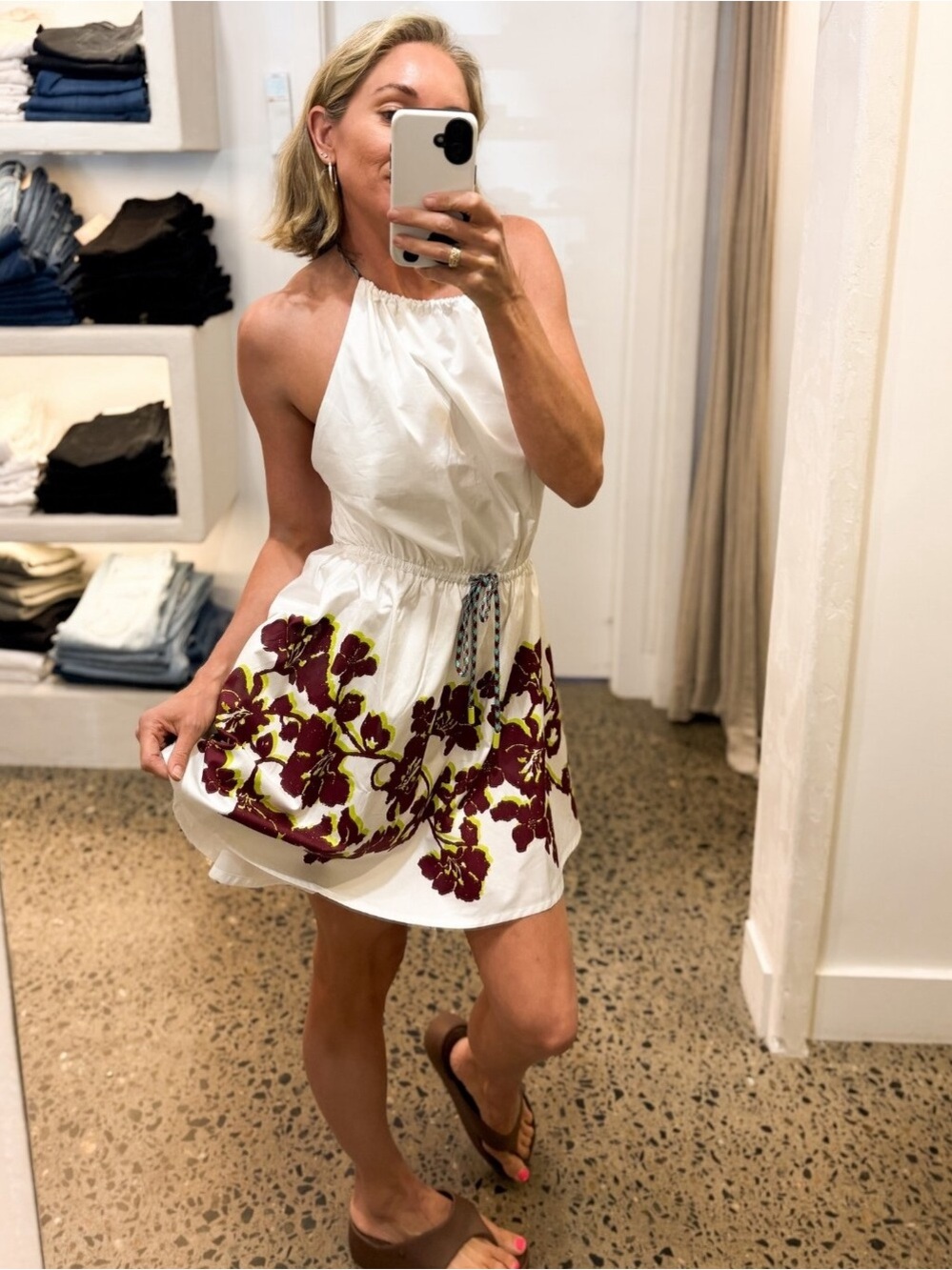 Alemais White Halter Mini Dress with Burgundy Floral Print